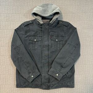 Levis Jacket Men Large Black Twill Canvas Hooded Military Trucker Utility Chore